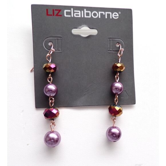 Liz Claiborne Jewelry - Liz Claiborne Dangle Earrings Purples Faux Pearls Faceted Glass